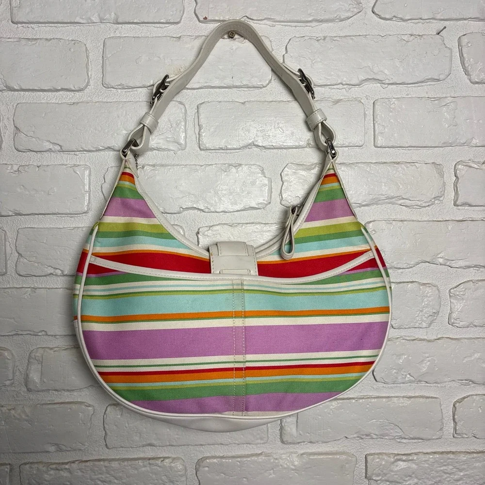 Vintage Coach Hamptons Multi-Stripe Hobo Shoulder Bag 10702 Y2K White Silver